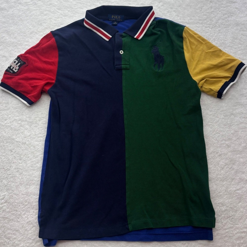 Polo Ralph Lauren Boys L 14-16 Colorblock Polo Shirt Multi Color Back Graphic